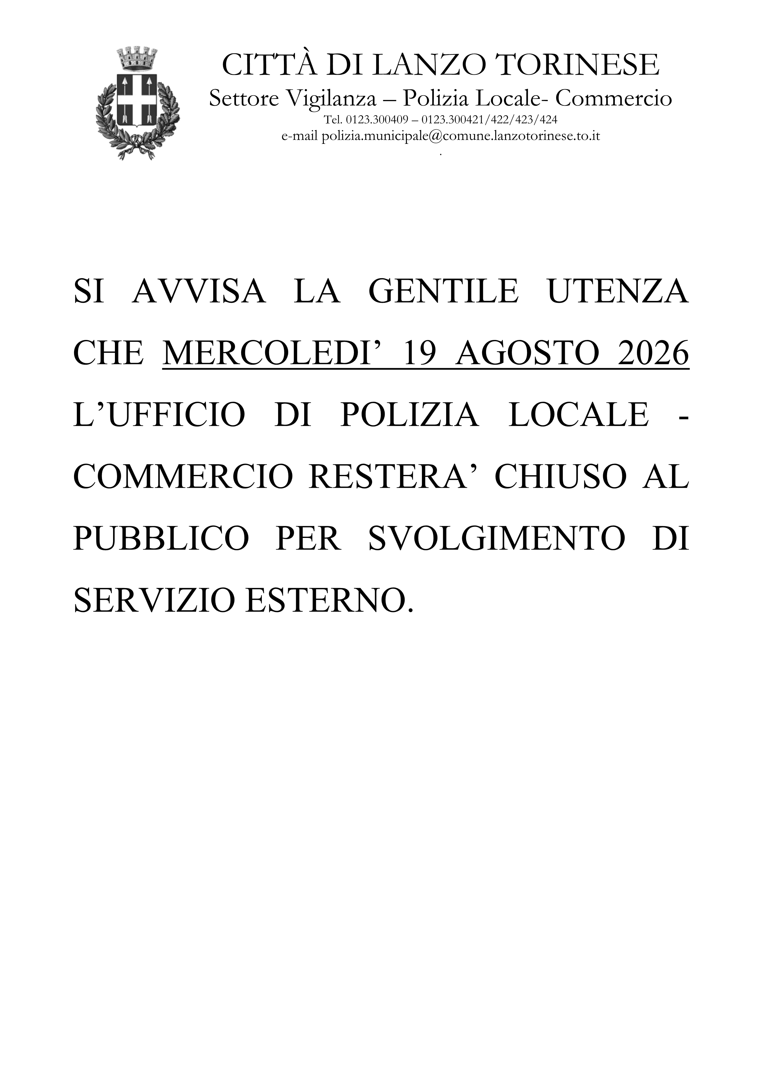 Avviso di chiusura Uffici Polizia Locale e Commercio