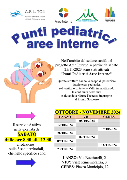Calendario dei PUNTI PEDIATRICI delle Aree Interne dei  mesi di ottobre e novembre